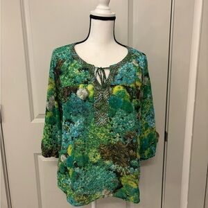 Figueroa & Flower green floral and plant patterned flowy sheer blouse size M